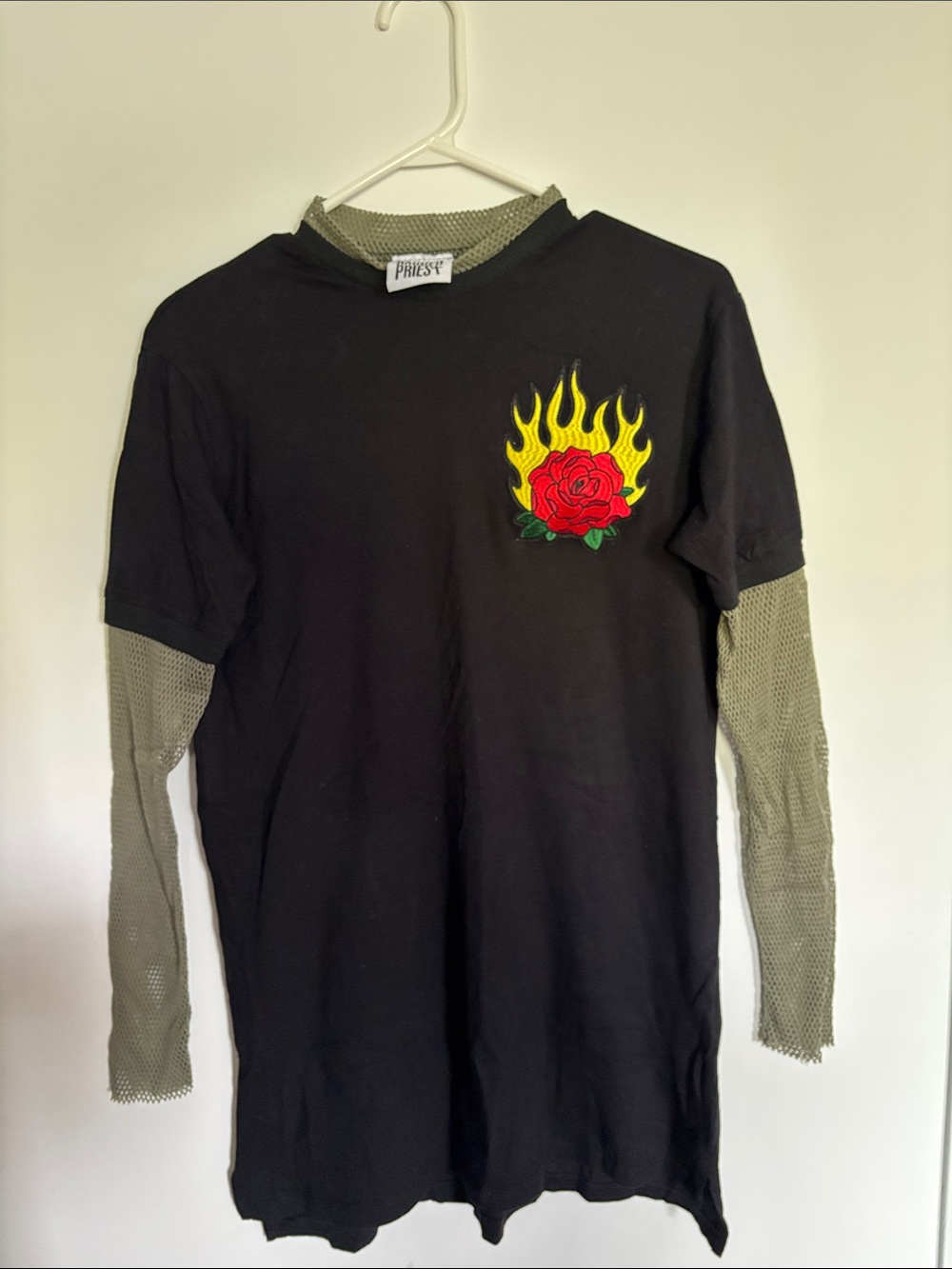 Black Graphic Tee with Flaming Red Rose Patch
